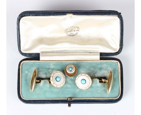 A gold, mother-of-pearl, turquoise and white enamelled part dress set, comprising a pair of cufflinks, the circular fronts de