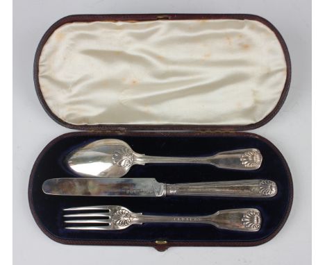 An early Victorian silver Fiddle, Thread and Shell pattern christening knife, fork and spoon, London 1857 by Elizabeth Eaton,