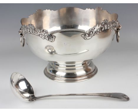 A 20th century plated-on-copper punch bowl with foliate and gadrooned rim, flanked by lion mask and loose ring handles, diame