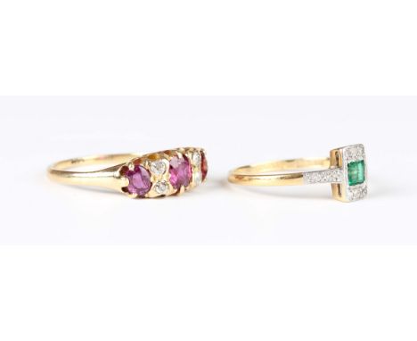 A gold, ruby and diamond ring, mounted with three oval cut rubies alternating with two pairs of cushion cut diamonds, detaile