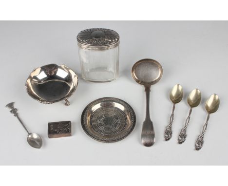 A late Victorian silver lidded faceted glass jar, London 1899, a silver Fiddle pattern sauce ladle, London 1835, weight of li