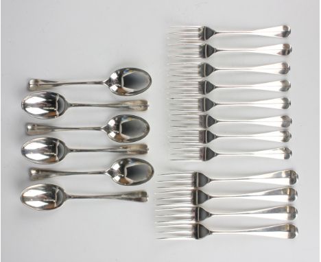 An Edwardian part canteen of silver Hanoverian Rat Tail pattern cutlery, comprising four table forks, eight dessert forks and