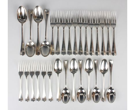 A late Victorian part canteen of silver Hanoverian Rat Tail pattern cutlery, comprising four tablespoons, twelve table forks,