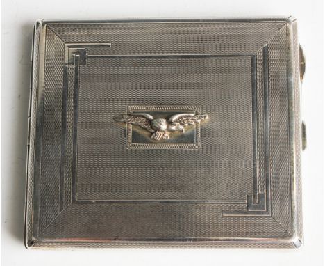A George V silver rectangular cigarette case with engine turned decoration, the front applied with the RAF eagle badge, Birmi