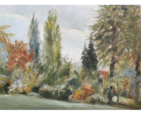Circle of Ronald Ossory Dunlop - Landscape with Trees, 20th century oil on canvas laid onto board, 37.5cm x 50cm, within an a