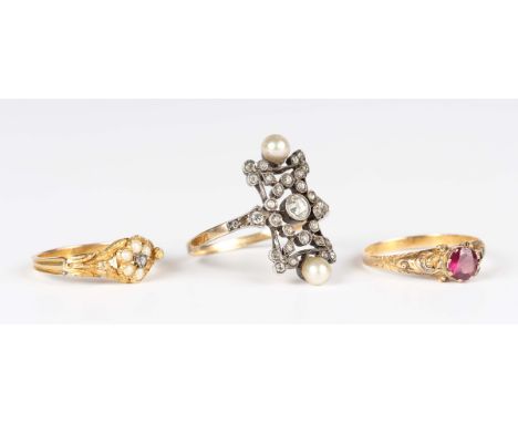 A silver set, colourless paste and imitation pearl ring, pierced in a panel shaped design, unmarked, weight 3.5g, ring size a