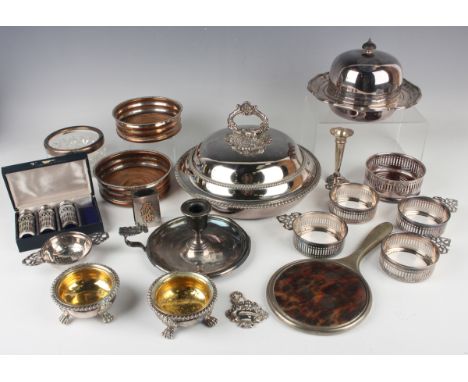 A group of plated items, including a pair of plated-on-copper wine coasters, muffin dish and cover, circular entrée dish and 