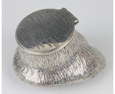 A late Victorian silver horse's hoof snuff box, the hinged lid inscription engraved 'When Riding the Horse to Which this Hoof
