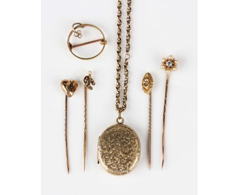 A gold back and front oval pendant locket with engraved decoration, weight 7.5g, length 3.4cm, with a gold multiple link neck