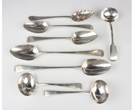 A pair of George III silver Old English pattern gravy spoons, London 1790 by Charles Hougham, length 28cm, a pair of silver O