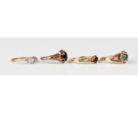 A 9ct gold, green and colourless gem set cluster ring, Birmingham 1973, weight 2.9g, ring size approx K, a garnet and seed pe