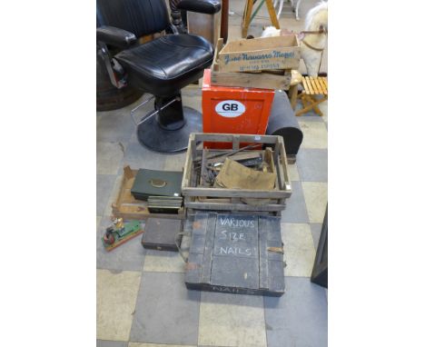A painted wall cupboard, wooden crates, reproduction metal box, vintage tools, boxes, etc.