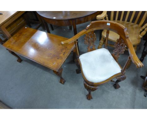 A Chippendale style mahogany corner chair and a walnut coffee table