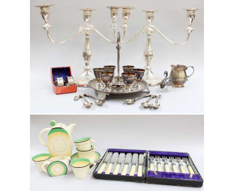 A Clarice Cliff Bonjour Part Coffee Set, together with a small quantity of silver and silver plated items including an egg se