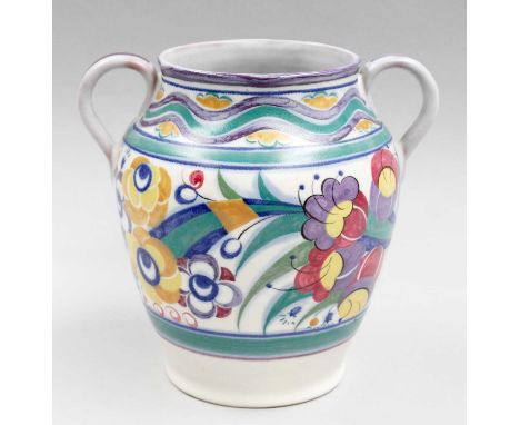 A Poole Pottery Twin Handled Vase by Marian Heath, 1925-38, shape 462 pattern /YO, 8.5cm