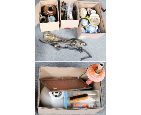 A Quantity of Assorted Ceramics, Glass and Metalware, including a Victorian oil lamp, Doulton Lambeth jardiniere, fire tools,