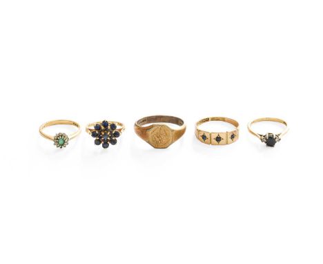 Four 9 Carat Gold Gem-Set Rings, comprising of a sapphire cluster example, a sapphire three stone example, a sapphire and dia