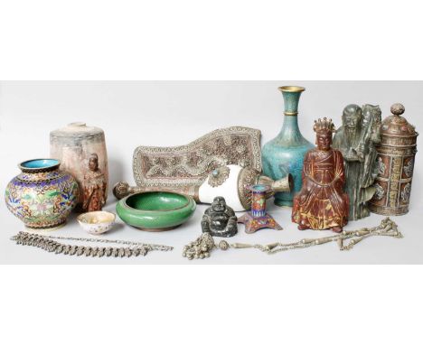 A Collection of Asian Art, including a Chinese hardstone carving of Shou Lao, a gilt wood statue of a seated dignitary, clois