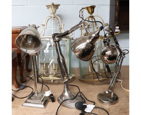 A Six Brass and Bevelled Glass Hall Lantern, together with a similar cream example, two angle poise desk lamps and an adjusta