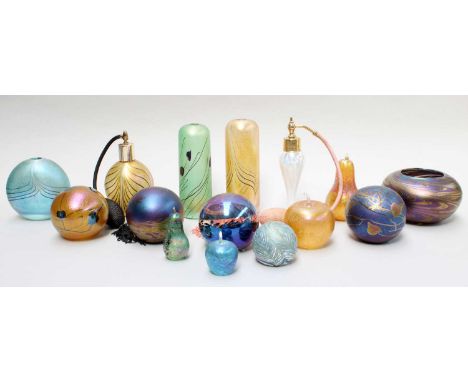Glasform, vases and perfume bottles (one tray)Small pear formed weight with loss to the stork.Other items free from damage, g