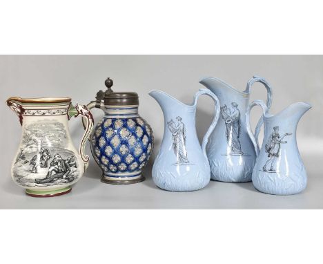A Samuel Alcock &amp; Son Earthenware 'The Royal Patriot Jug', together with a Westerwald pewter mounted stein and a set of t