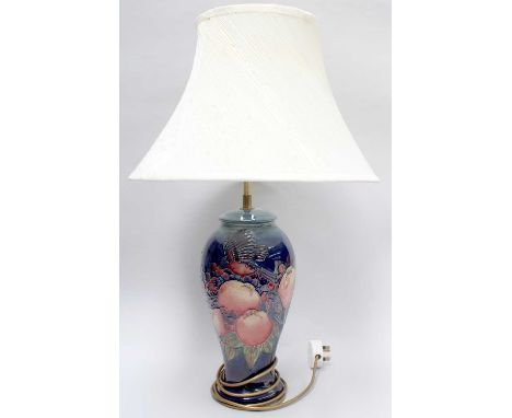 A Moorcroft Finches on Blue Pattern Lamp, designed by Sally Tuffin, impressed marks, 32.5cm high (excluding fitments)