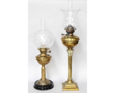 A Victorian Brass Based Oil Lamp, with Corinthean column base, together with a similar example (2)