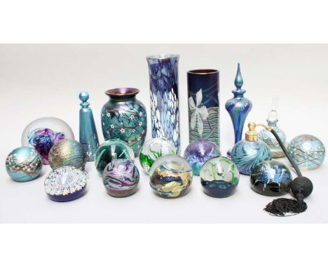 Okra Glass, including vases and paperweights, also including Caithness paperweights and others (one tray)Tallest scent bottle