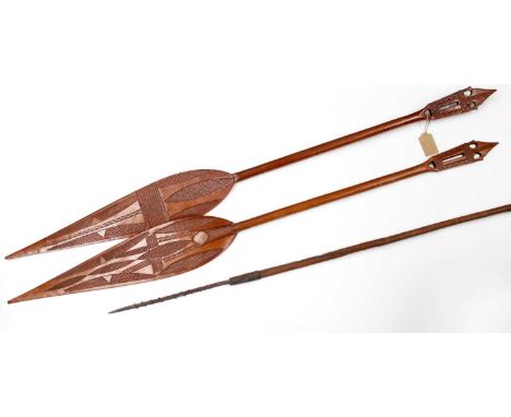 A Pair of African Carved Wood Dance Paddles and a barbed spear (3)