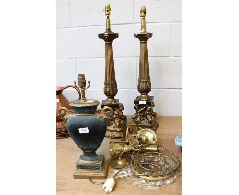 A Pair of Reproduction Gilt Composition and Black Marble Column Form Tablelamps, 72cm including fitting, together with a mode