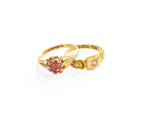 An 18 Carat Gold Diamond Solitaire Ring, finger size L; and A 15 Carat Gold Synthetic Ruby Cluster Ring, finger size N (a.f.)