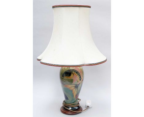 A Moorcroft Carp Pattern Lamp, designed by Sally Tuffin, mounted base, 35.5cm high (excluding fitments)