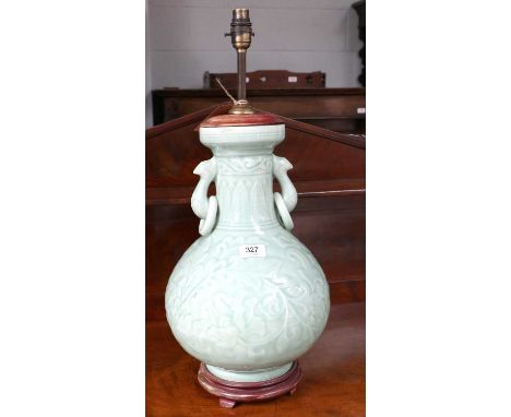 A Chinese Porcelainm Twin Handled Vase, in archaic style, 20th century, mounted as a table lamp, porcelain 38cm