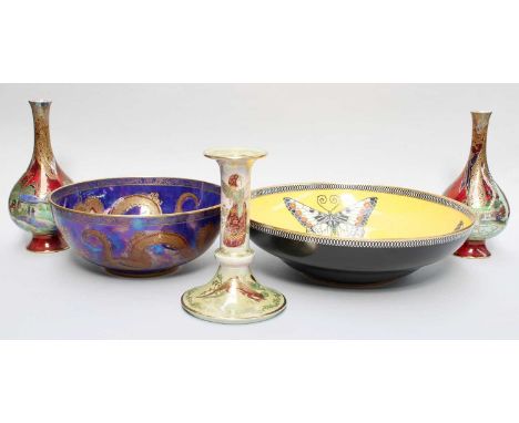 A Pair of Wilton Ware Lustre Vases, 21cm high, together with a Devon Lustre Ware candlestick, Carltonware Dragon lustre bowl 