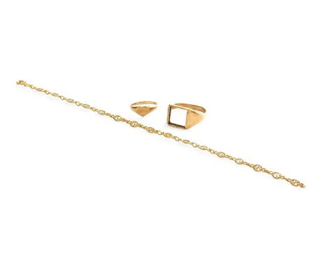 A Fancy Link Bracelet, stamped '750', length 18.5cm; A 9 Carat Gold Signet Ring, finger size D; and Another 9 Carat Gold Ring