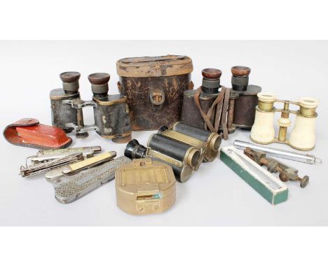 Binoculars, including Ross and Voigtlander, opera glasses, assorted multi tool knoves, H &amp; G micro telescope, Hardy therm