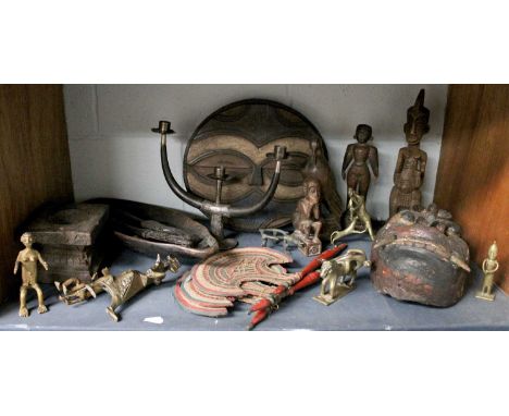 A Quantity of Ethnigrapica including a ploychrome disk shaped dance mask, a similar Bailinese mask, bronzes etc (one shelf)Di