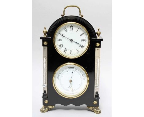An Ebonised Mantel Timepiece, combined with thermometer and aneroid barometer, retailed by R. Stewart, Paris, circa 1900, 29c
