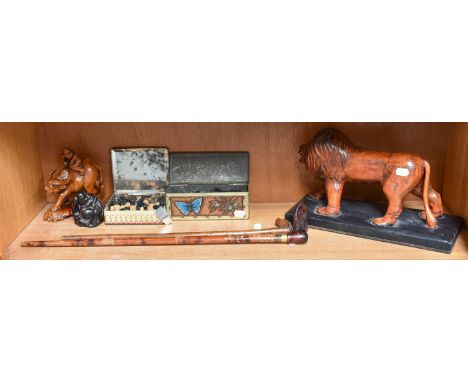 Two Chess Sets, a wooden lion, a walking stick and a carved dog head handle walking stick, a Chinese wooden carved ox with fi