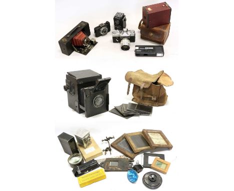Houghton Ensign De Luxe Reflex Camera, in canvas bag with nine plate holders; together with assorted other cameras and relate