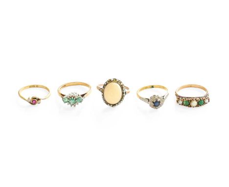 Five Gem-Set Rings, including an 18 carat gold sapphire and diamond cluster ring (a.f); a 9 carat gold emerald and diamond cl