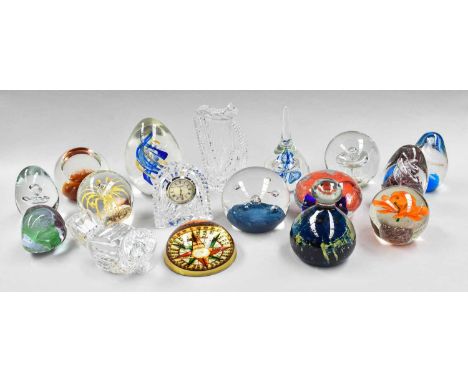 A Quantity of Paperweight and Crystal Items Including, three items of Waterford, a boxed clock, boxed bird, and a Waterford h