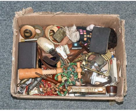 A Box of Collectables, including a Pelham puppet, various crucifix, brass kit lock, whisltes including police and referee, sm