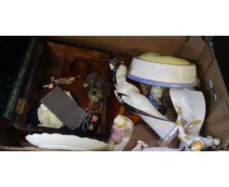 A box containing an oak box with Mother Of Pearl decoration with other ceramic and glass items