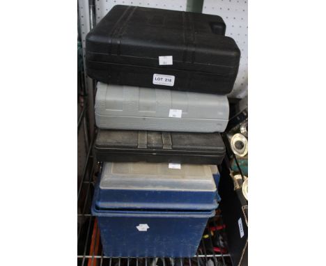 Two cased battery drills and a tool box with contents