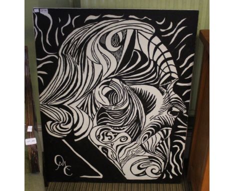 Olivia Cox "Shakespeare" portrait in black and white, oil on canvas, monogramed OMC, 100cm x 80cm, unframed