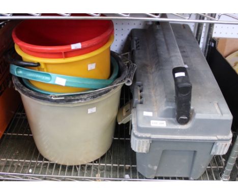 A good tool box with contents together with a number of plastic buckets