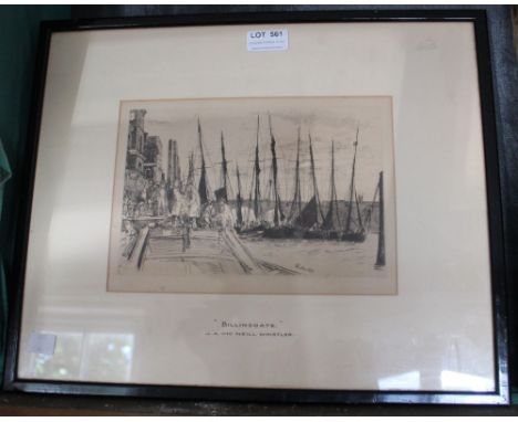 After J. A. McNeill Whistler, "Billingsgate", a framed etching, 15cm x 22cm