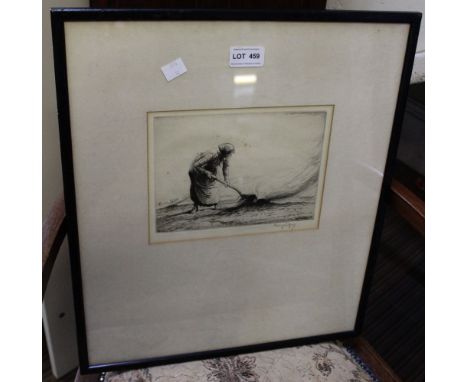 An etching, "Field Worker" indistinctly signed in pencil, 14cm x 19.5cm, ebonised frame, mounted and glazed