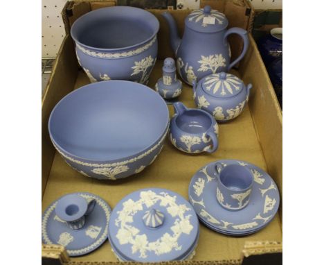 A collection of blue jasper ware, includes three piece tea set with teapot, milk jug, sugar bowl, chamber stick etc&nbsp;
